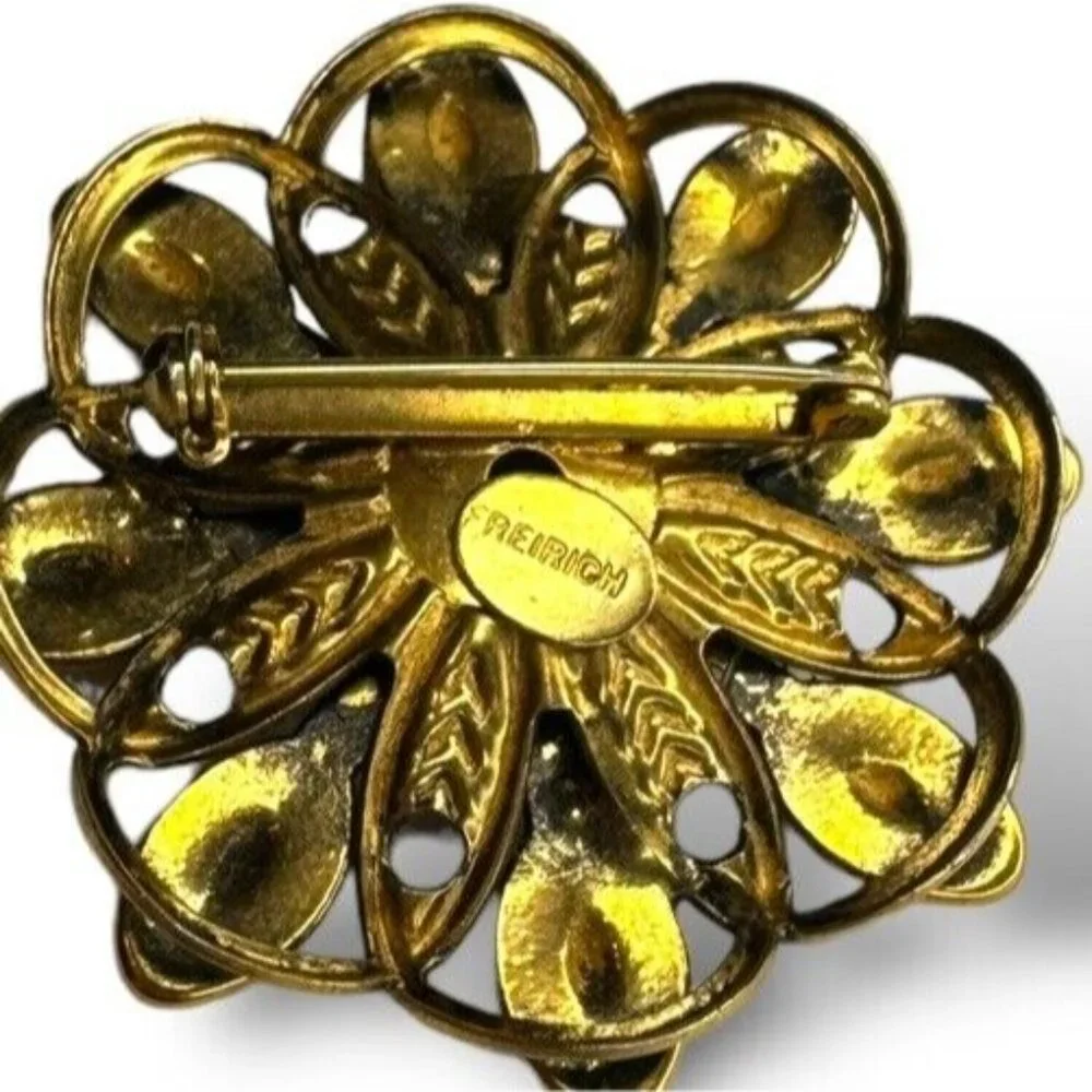 Freirich Gold Tone Flower Starburst Modernist Vintage Brooch